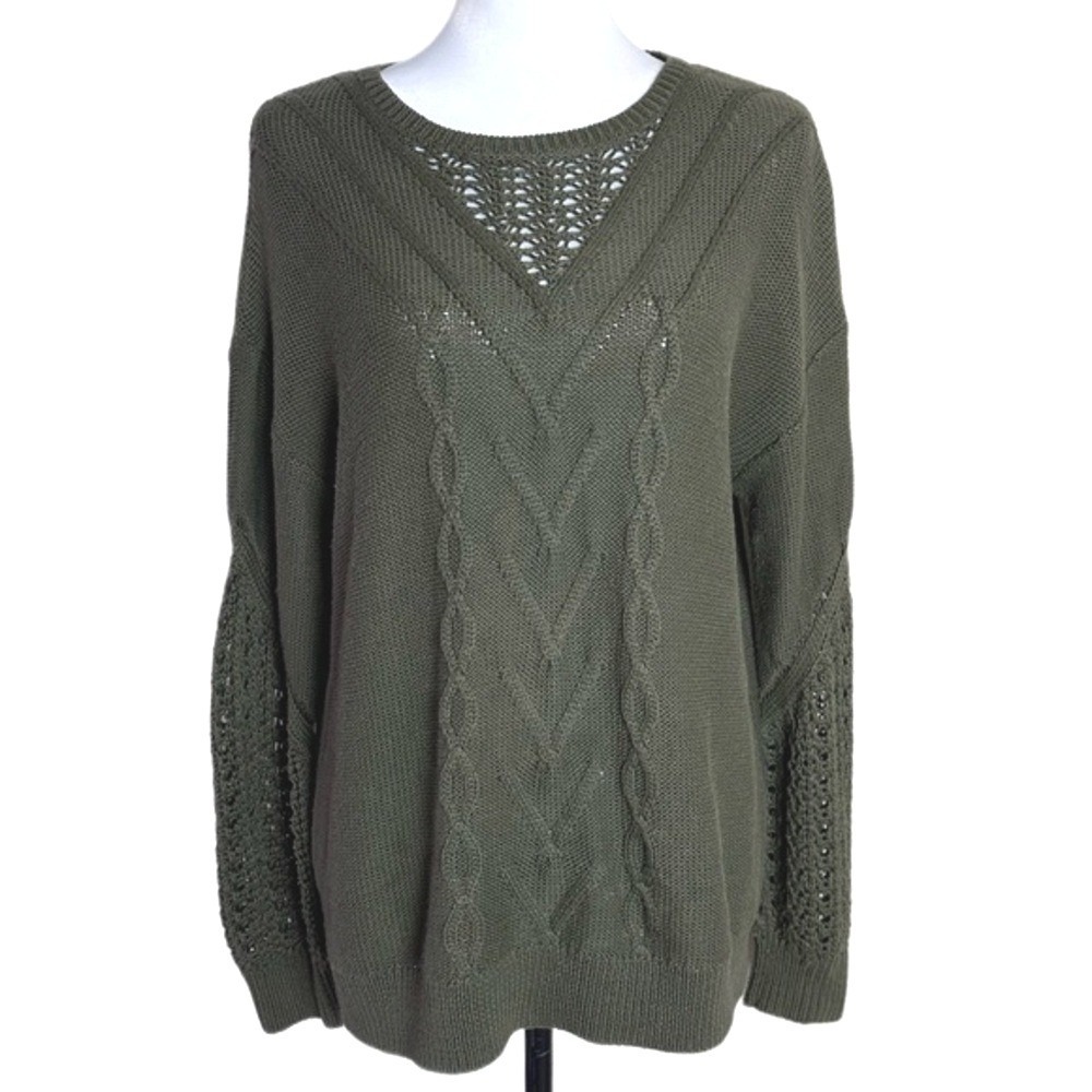 Lucky Brand Cable Knit Pointelle Sleeve Olive Green‎ Womens Sweater Medium